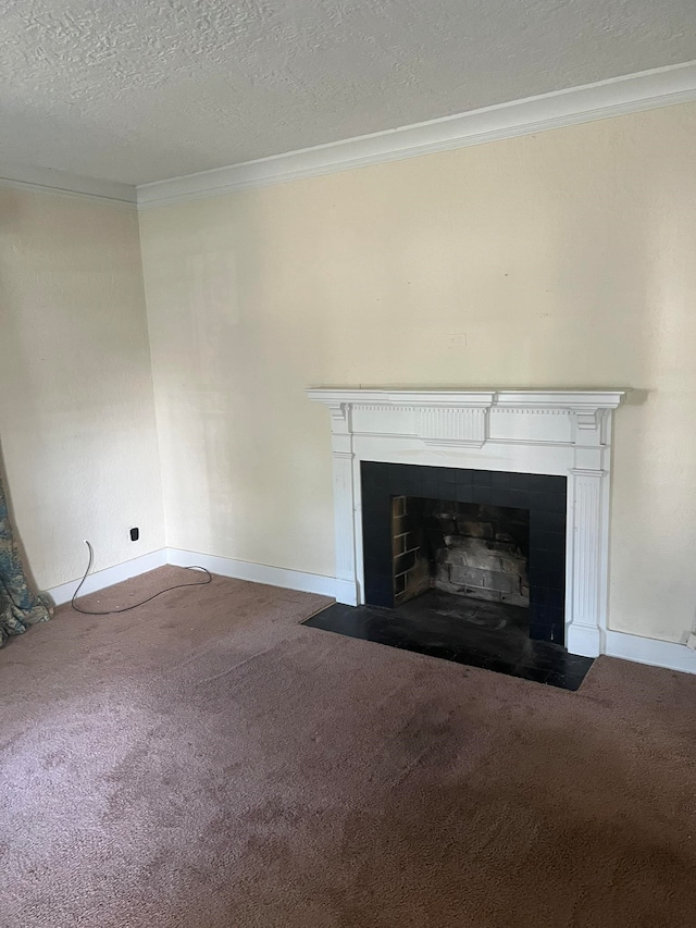 room details featuring carpet floors, a textured ceiling, and ornamental molding