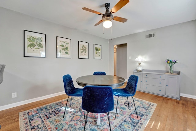 dining room with ceiling fan and light hardwood / wood-style floors