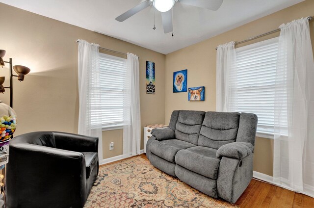 living room with ceiling fan and hardwood / wood-style floors