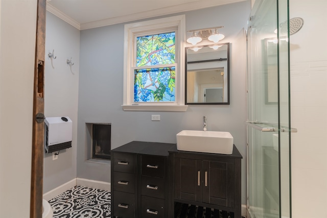 bathroom featuring walk in shower, crown molding, vanity, and toilet