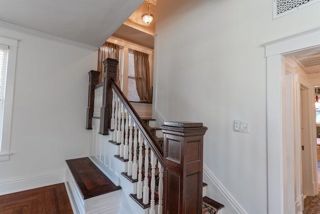 staircase featuring ornamental molding and hardwood / wood-style floors