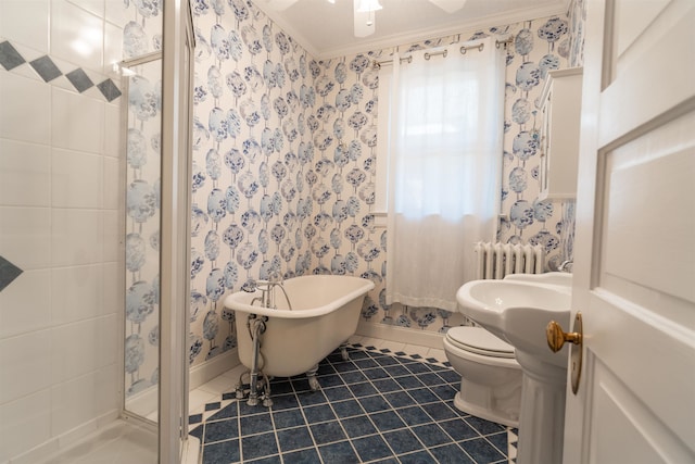 bathroom featuring ceiling fan, shower with separate bathtub, tile patterned floors, and toilet