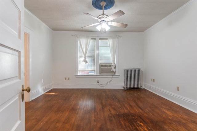 empty room featuring ceiling fan, dark hardwood / wood-style flooring, crown molding, cooling unit, and radiator