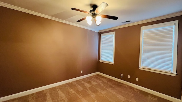 spare room with carpet flooring, ceiling fan, and ornamental molding