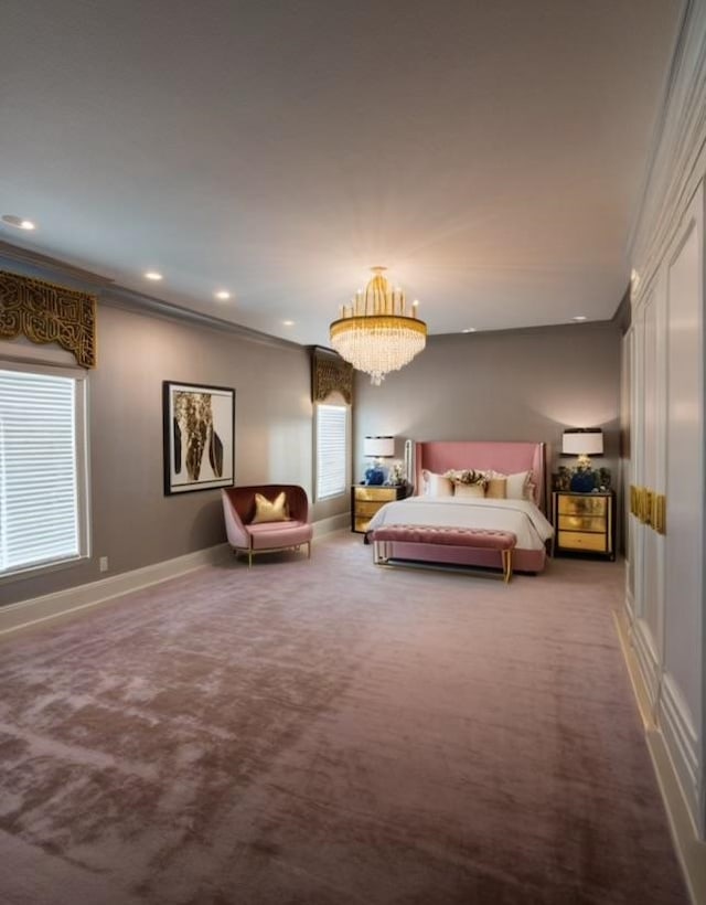 unfurnished bedroom featuring crown molding, carpet floors, and an inviting chandelier