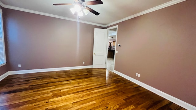 unfurnished room featuring crown molding, ceiling fan, and dark hardwood / wood-style floors