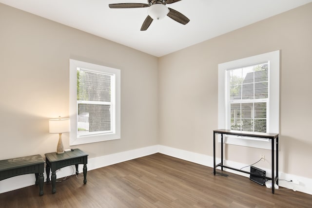 interior space with wood-type flooring and ceiling fan