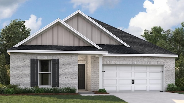 view of front facade with a garage, driveway, a shingled roof, board and batten siding, and brick siding