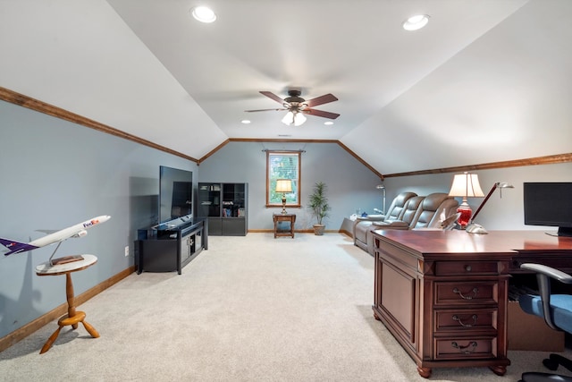 office space featuring lofted ceiling, ornamental molding, ceiling fan, and light carpet