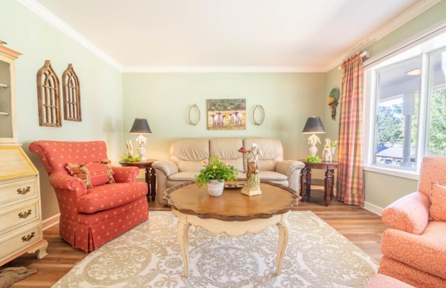 living room with hardwood / wood-style flooring and crown molding