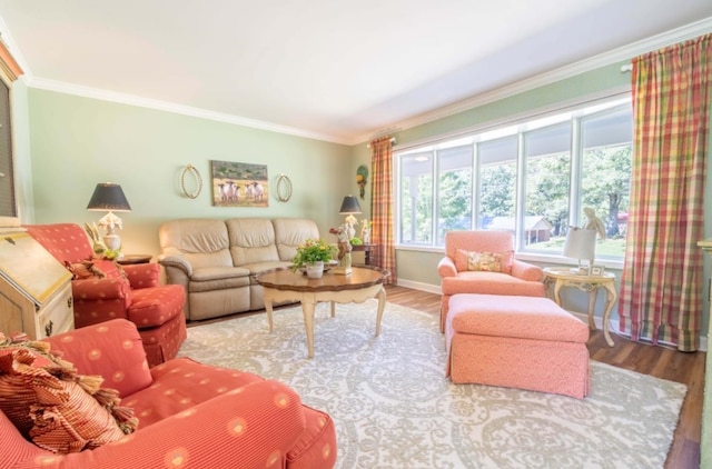 living room featuring crown molding and hardwood / wood-style flooring