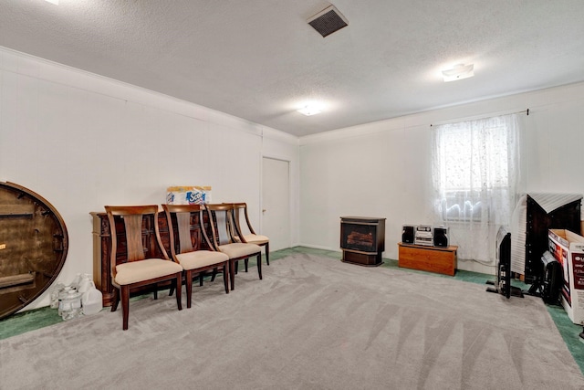 misc room with a textured ceiling and carpet