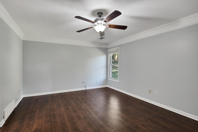 empty room featuring a textured ceiling, ceiling fan, hardwood / wood-style flooring, and crown molding