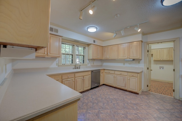 kitchen featuring light brown cabinetry, sink, track lighting, and stainless steel dishwasher