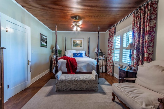 bedroom featuring ceiling fan, wood ceiling, crown molding, and hardwood / wood-style floors