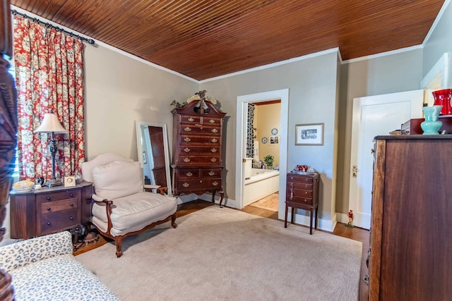 living area featuring wooden ceiling and crown molding