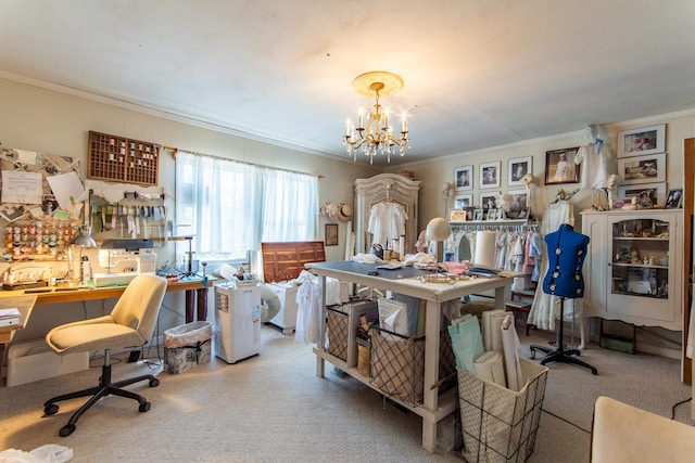 carpeted home office with ornamental molding and an inviting chandelier