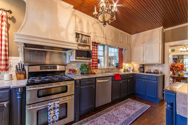 kitchen with sink, stainless steel appliances, dark hardwood / wood-style floors, wooden ceiling, and decorative backsplash