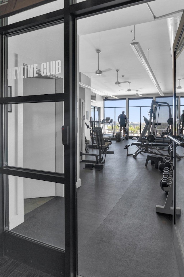 workout area with ceiling fan and a wall of windows