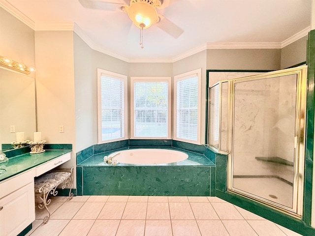 bathroom featuring vanity, plus walk in shower, and crown molding