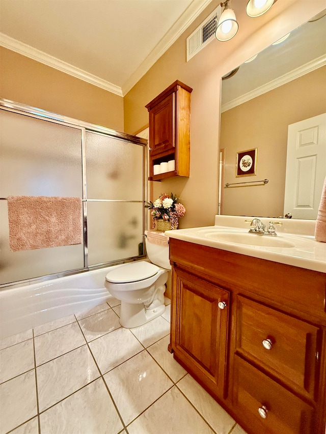 full bathroom with crown molding, combined bath / shower with glass door, vanity, and toilet