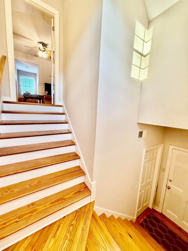 stairs featuring ceiling fan and hardwood / wood-style flooring