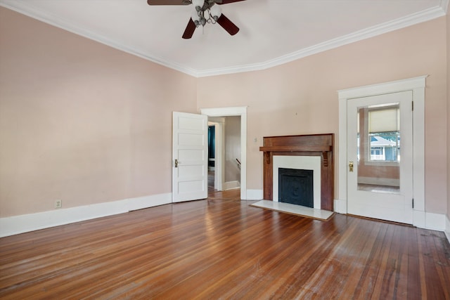 unfurnished living room with crown molding, dark hardwood / wood-style flooring, and ceiling fan