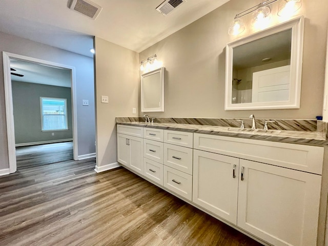 bathroom featuring vanity and hardwood / wood-style floors