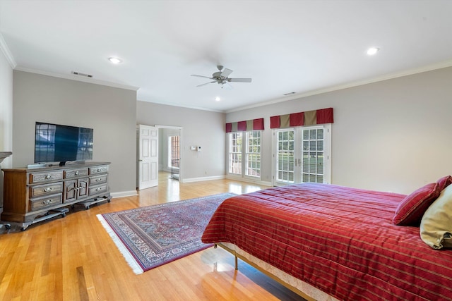 bedroom featuring ceiling fan, access to exterior, crown molding, and hardwood / wood-style floors