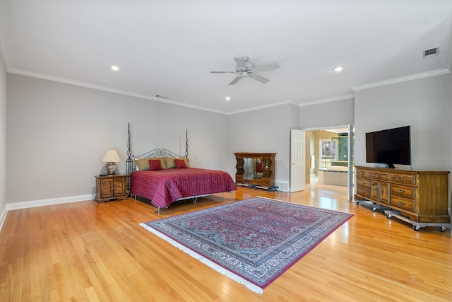 bedroom with ceiling fan, ornamental molding, and light hardwood / wood-style floors