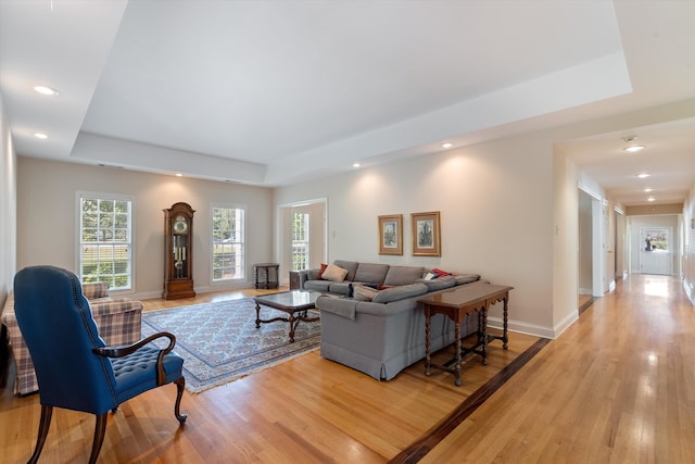 living room featuring light wood-type flooring and a raised ceiling