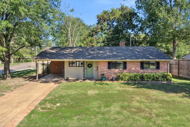 single story home with a front lawn and a carport