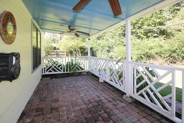 view of patio featuring ceiling fan