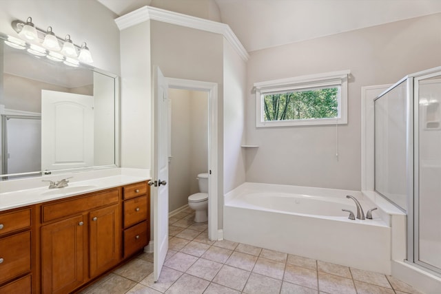 full bathroom with separate shower and tub, tile patterned floors, vanity, and toilet