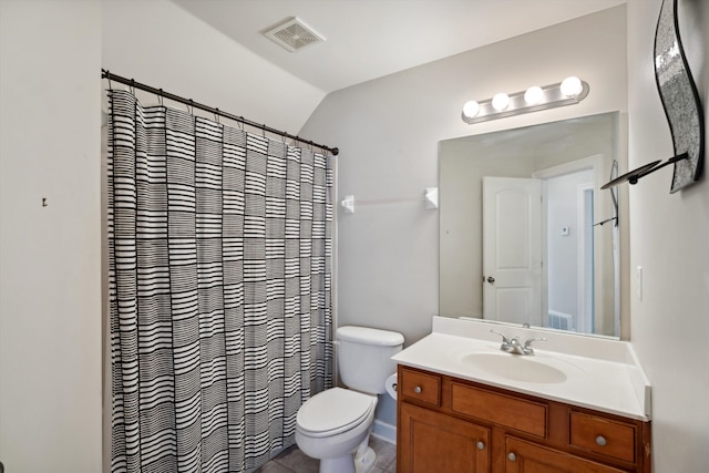 bathroom with walk in shower, vaulted ceiling, vanity, and toilet