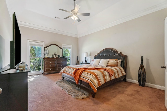 bedroom featuring crown molding, ceiling fan, and carpet flooring