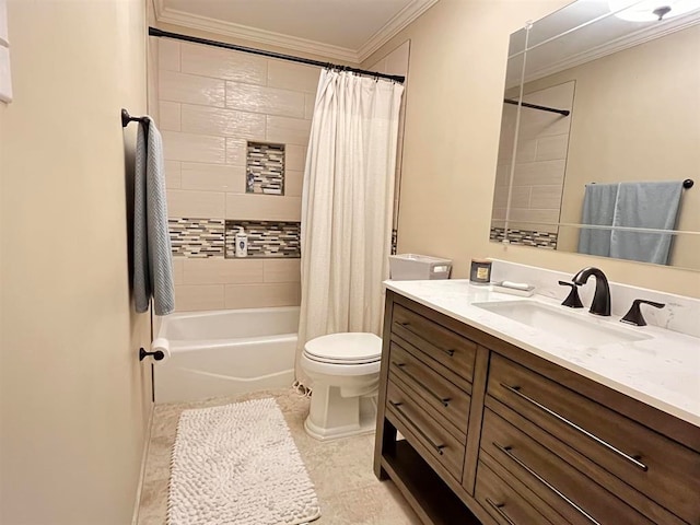 full bathroom with toilet, shower / bath combo with shower curtain, tile patterned floors, vanity, and crown molding