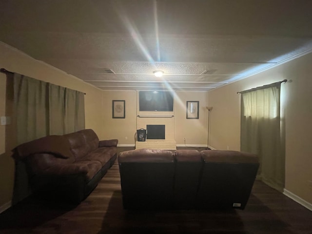 living room featuring dark wood-type flooring