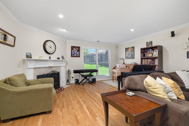 living room featuring crown molding and light hardwood / wood-style flooring