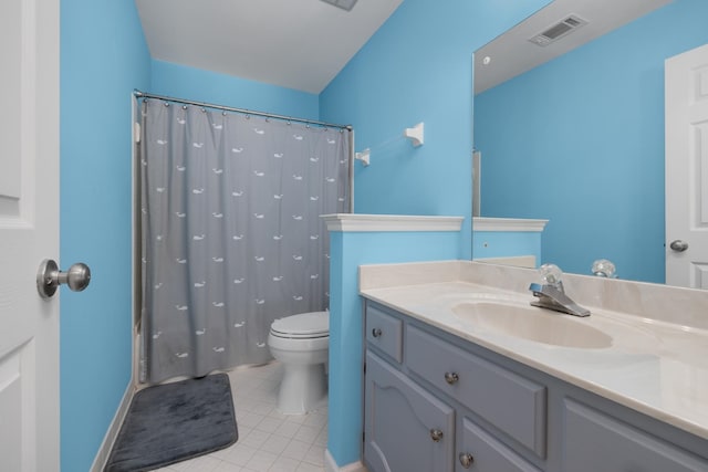 bathroom with tile patterned floors, vanity, toilet, and a shower with shower curtain