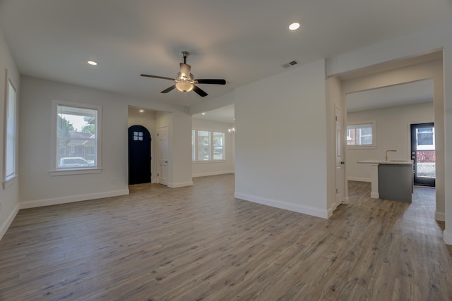 unfurnished room with plenty of natural light, light hardwood / wood-style floors, and ceiling fan