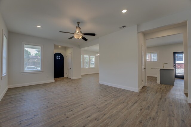 empty room featuring plenty of natural light, ceiling fan, and light hardwood / wood-style flooring