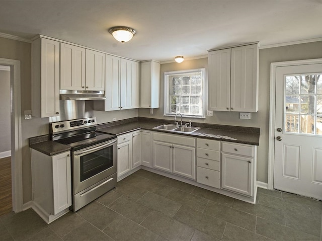 kitchen with white cabinets, electric range, a healthy amount of sunlight, and sink