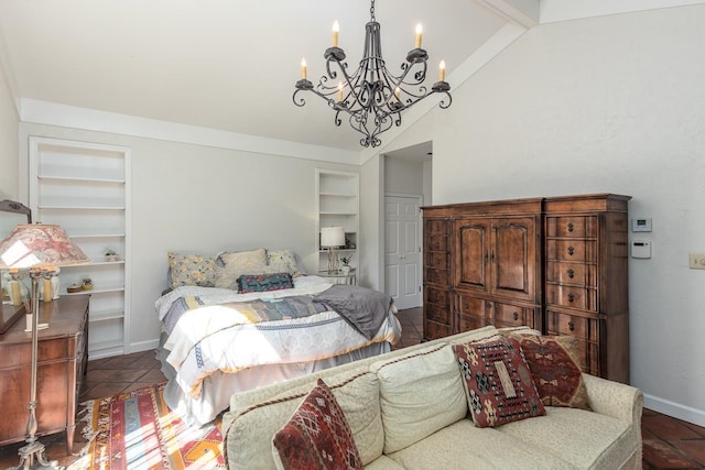 bedroom featuring vaulted ceiling with beams and a notable chandelier