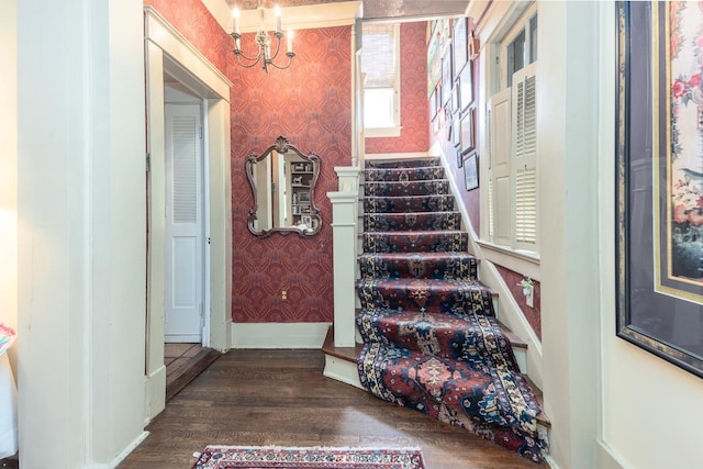 stairs featuring wood-type flooring and a chandelier