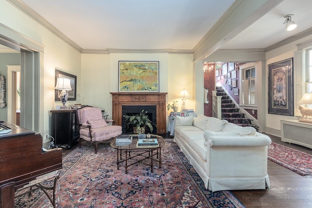 living room featuring ornamental molding and dark hardwood / wood-style floors