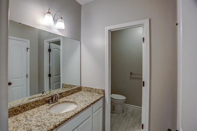 bathroom with vanity, toilet, and hardwood / wood-style flooring