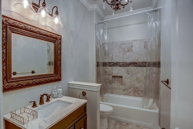 full bathroom featuring vanity, shower / tub combo, a chandelier, crown molding, and toilet