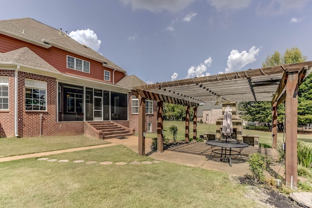 exterior space featuring a lawn, a pergola, a sunroom, and a patio area