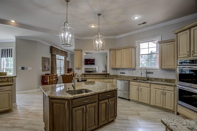 kitchen with a kitchen island with sink, plenty of natural light, and sink